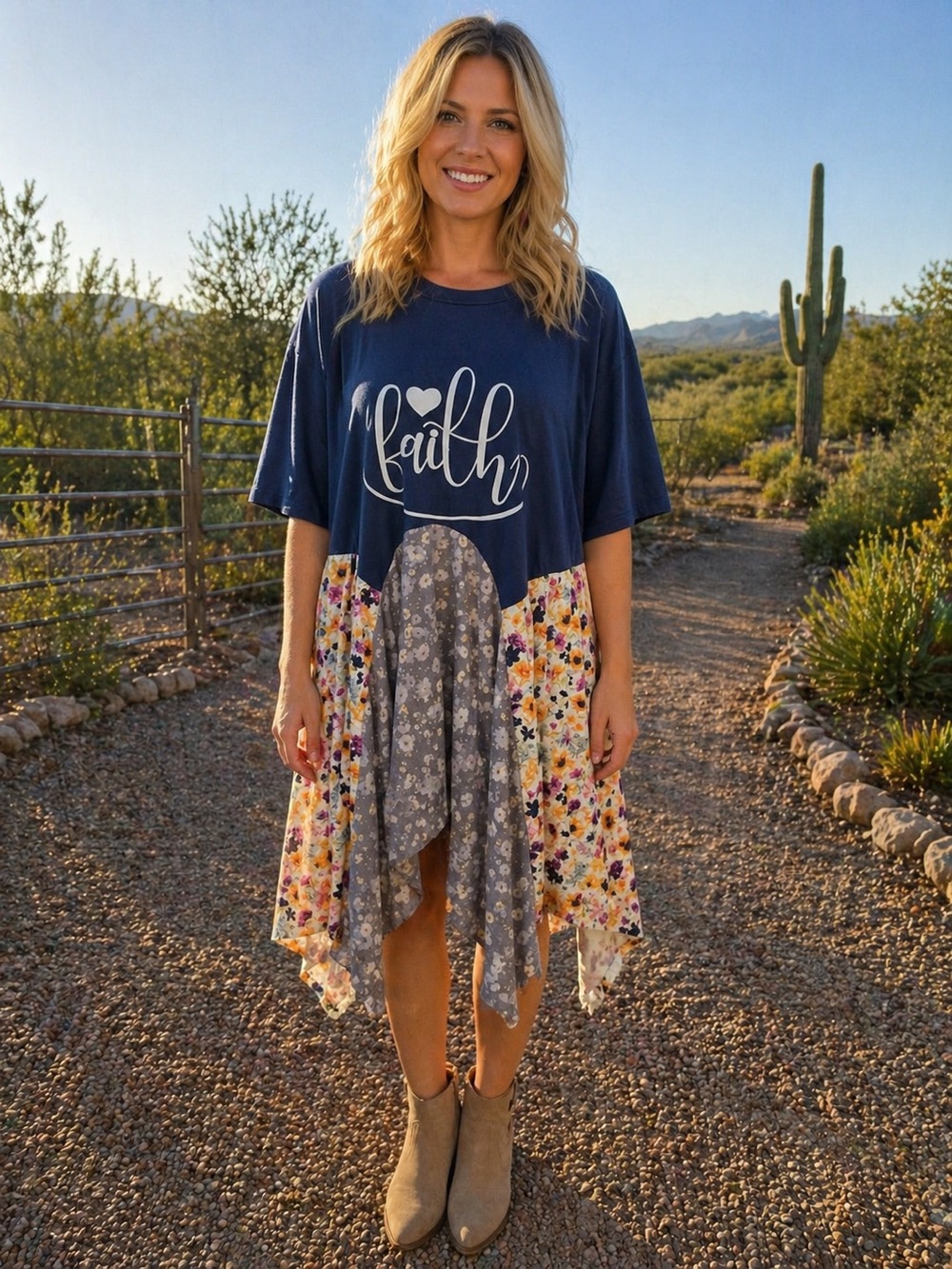 Faith Graphic Navy Patchwork Floral Handkerchief Hem Dress